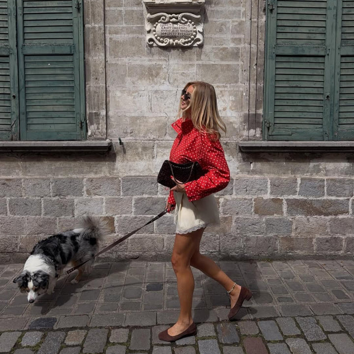 Women Short Polka Dot Transitional Jacket with Stand-up Collar and Drawstring Hem Mune Fashion