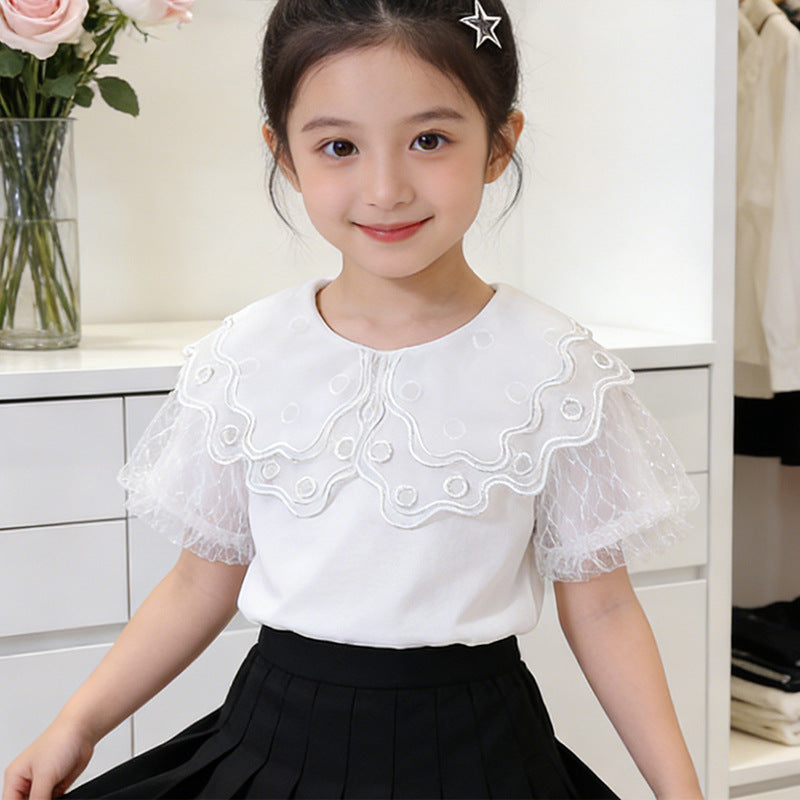 Girl T-Shirt with elegant lace collar and airy sleeves Mune Fashion