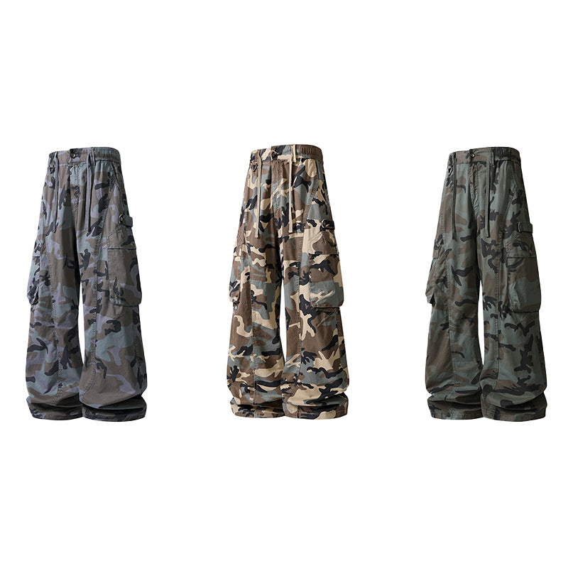 Men's Loose Cargo Pants in Camouflage Military Look with Elastic Tunnel Drawstring Waistband and Multifunctional Pockets Drune