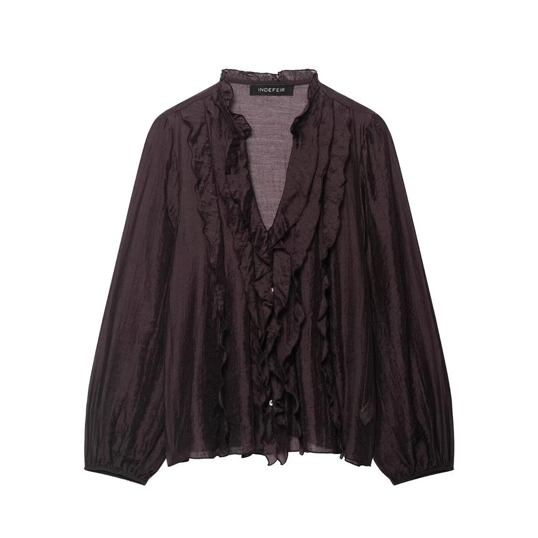 Ladies Transparent Crinkle Blouse with Ruffle Collar, Ruffled Front and Balloon Sleeves Mune Fashion