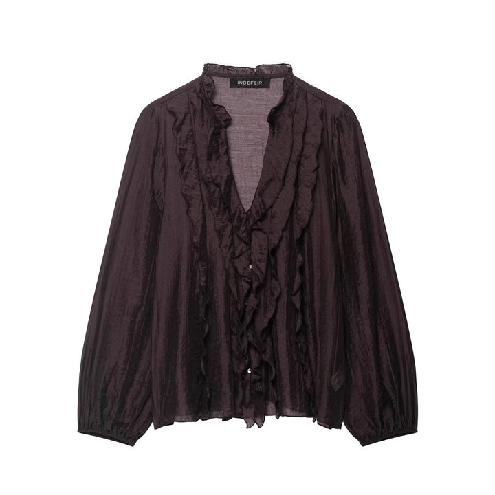 Ladies Transparent Crinkle Blouse with Ruffle Collar, Ruffled Front and Balloon Sleeves Mune Fashion