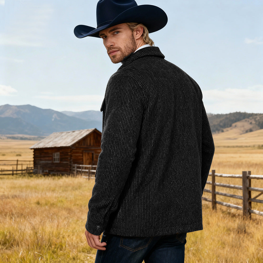 Men's Ribbed Cord Jacket with Flap Pockets and Shirt Collar Mune Fashion
