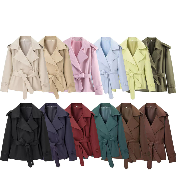 Women Short Trench Coat with dropped shoulders, large lapel collar and wrap belt Mune Fashion