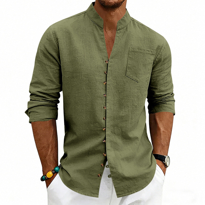 Men's lightweight linen shirt with stand-up collar, full button placket, and patch chest pocket Mune Fashion