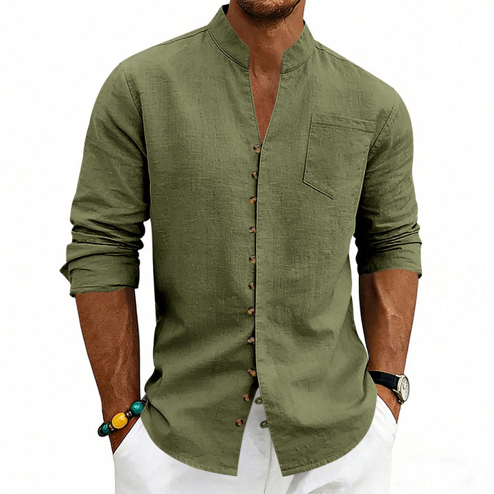 Men's lightweight linen shirt with stand-up collar, full button placket, and patch chest pocket Mune Fashion