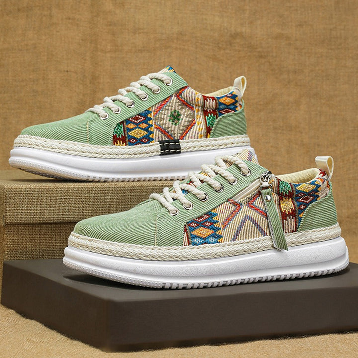 Women's espadrille-inspired platform sneakers with woven ethnic inserts, side zipper, and cushioned lightweight sole Mune Fashion