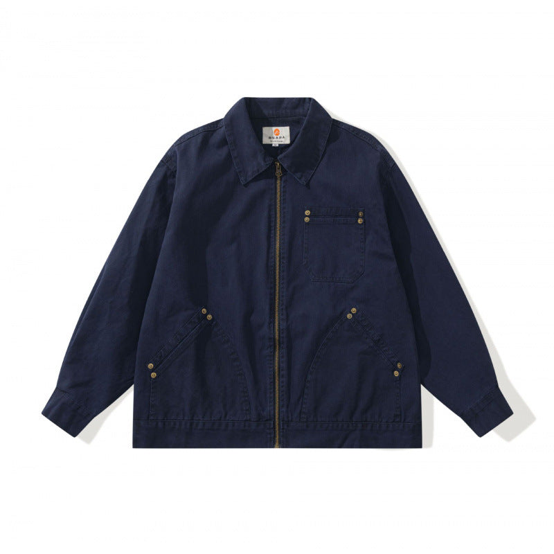 Unisex Boxy Canvas Worker Jacket with Front Zip and Stud Applications Mune Fashion