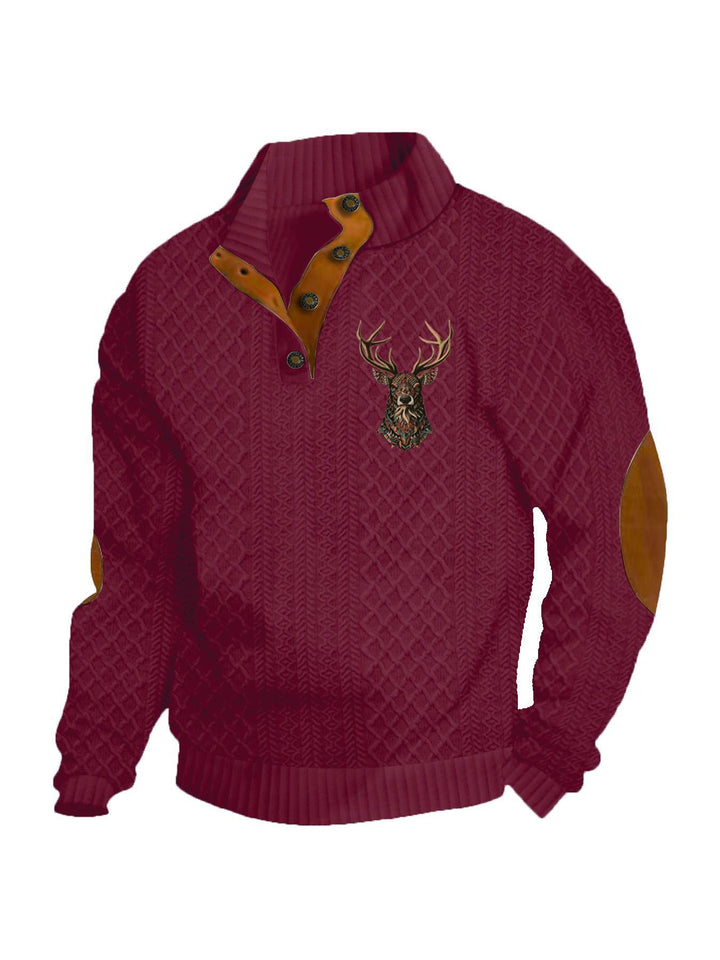 Men's nan Heritage textured pullover with stand-up collar faux leather trim elbow patches and half-button placket Mune Fashion
