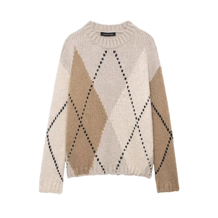 Women Chunky Knit Argyle Sweater with Oversized Cut and Ribbed Collar Mune Fashion
