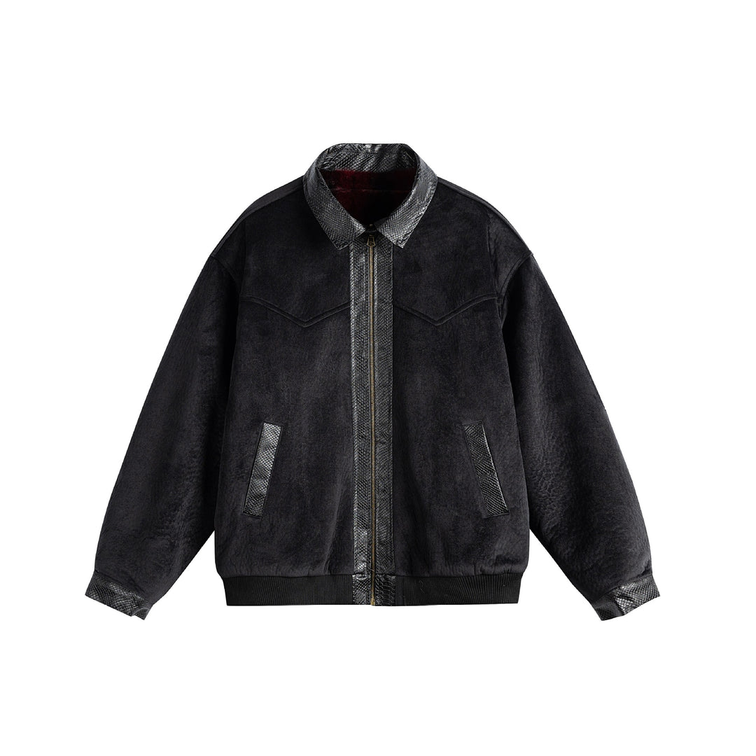 Unisex Oversize Blouson Jacket made of Velours-Suede with reptile embossed trim and warming teddy lining Mune Fashion
