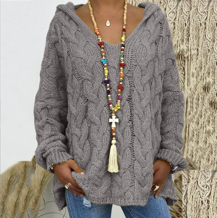 Women Oversized Cable Knit Sweater with Hood and Casual V-Neck Mune Fashion