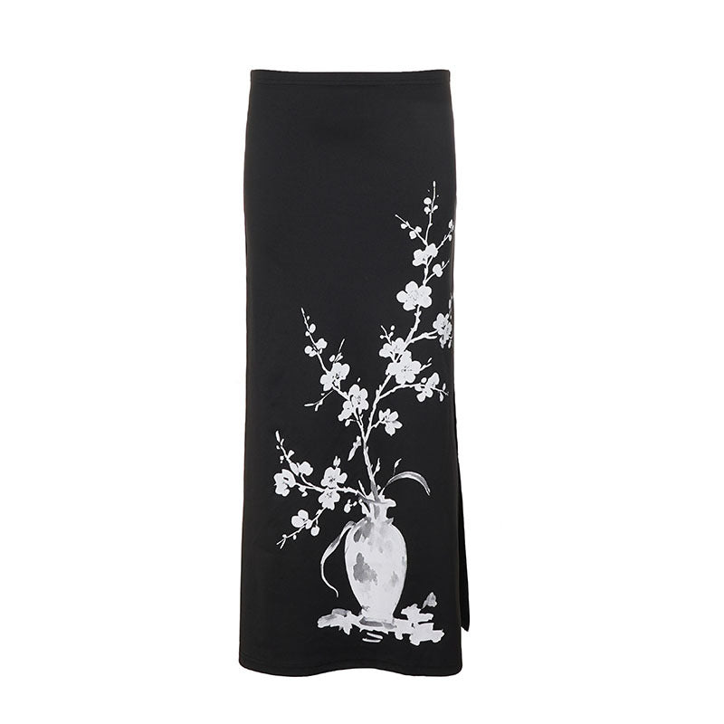 Women's flared maxi skirt with A-line cut, elastic waistband, and floral watercolor vase print Mune Fashion