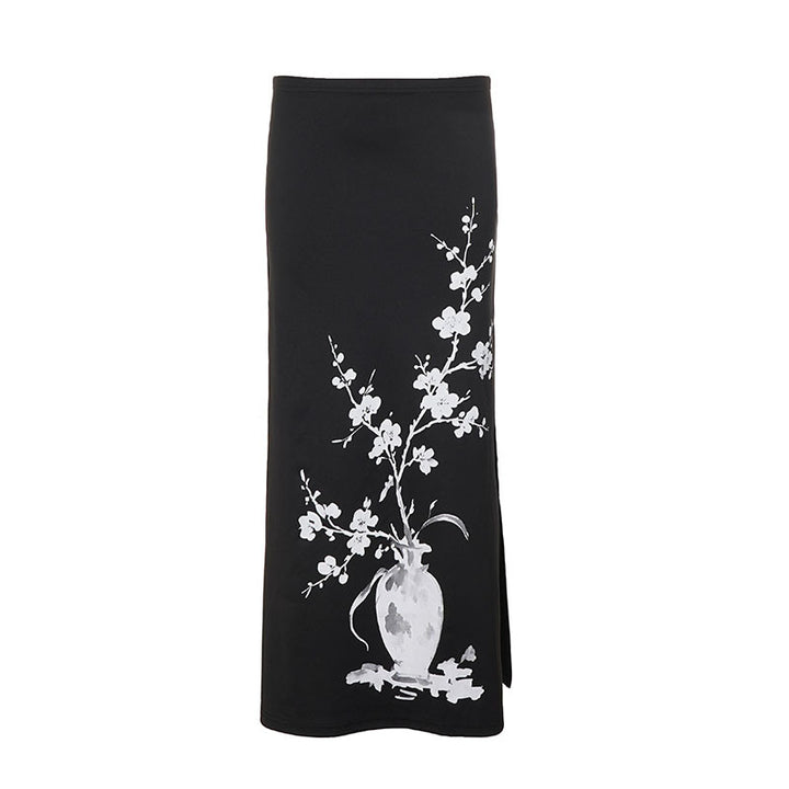 Women's flared maxi skirt with A-line cut, elastic waistband, and floral watercolor vase print Mune Fashion