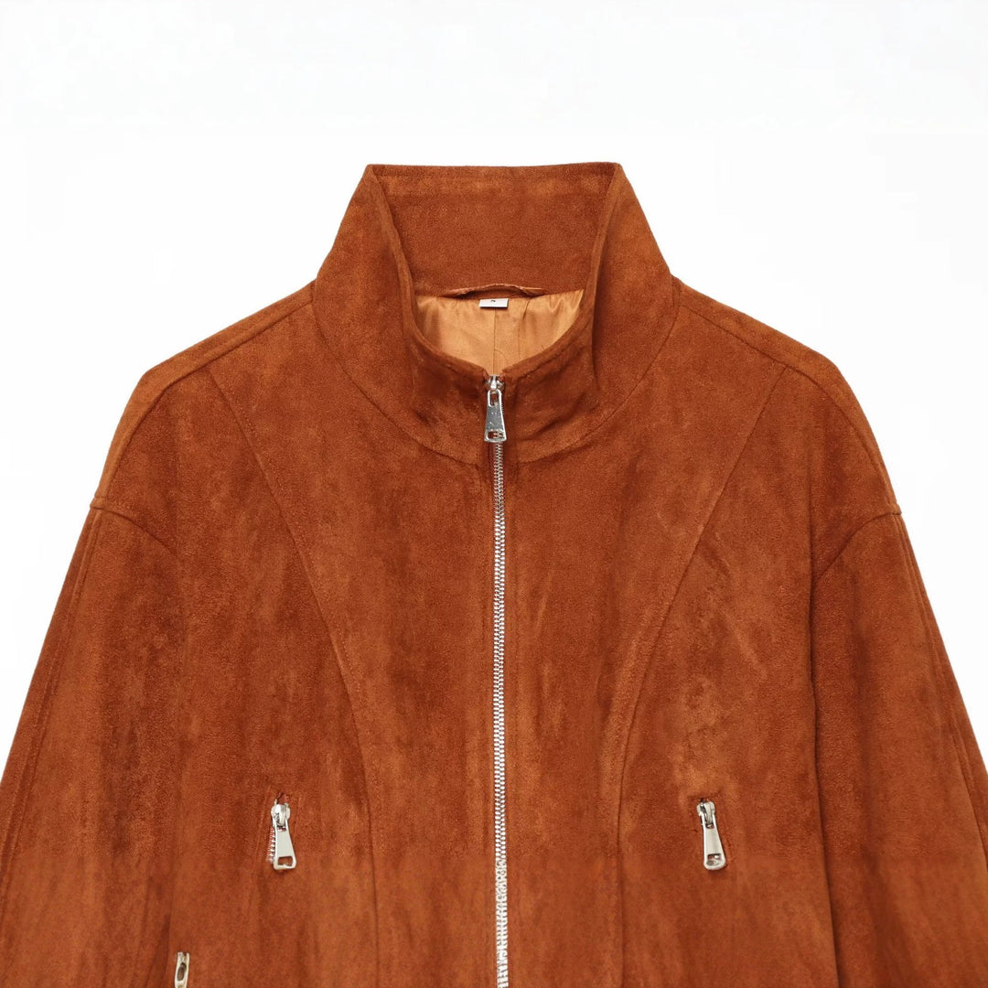 Women's Short-cut Suede Blouson with Stand Collar and Zipper Drune
