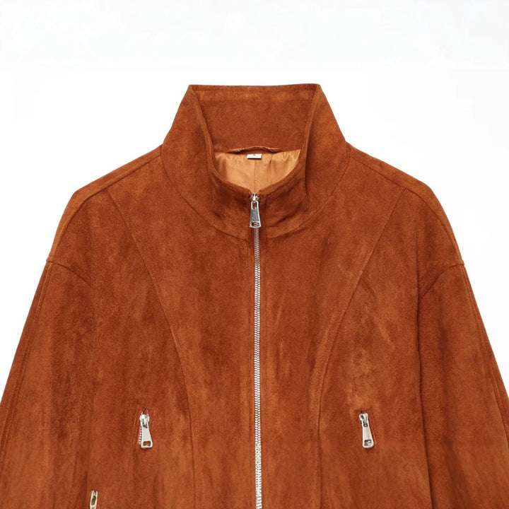Women's Short-cut Suede Blouson with Stand Collar and Zipper Drune
