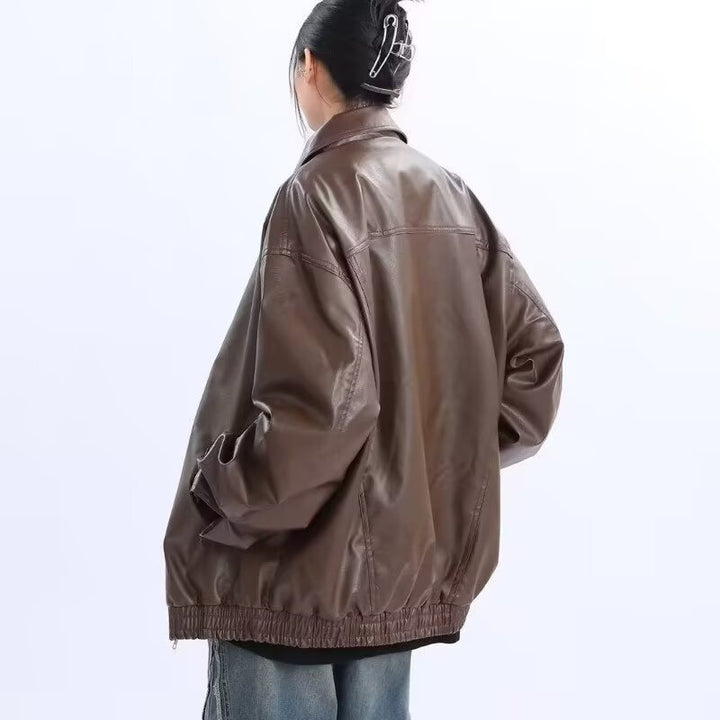 Women's Oversized Faux Leather Blouson with Elastic Hem and Shirt Collar Mune Fashion
