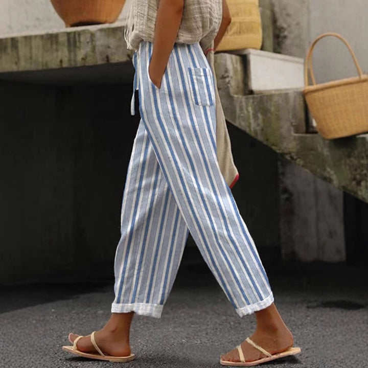 Women's Wide Linen Pants with Striped Pattern Mune Fashion