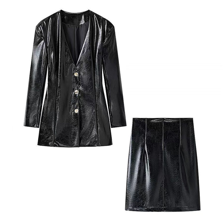 Women Patent Blazer-Mini Dress with Tailored Darts and Golden Decorative Buttons Mune Fashion