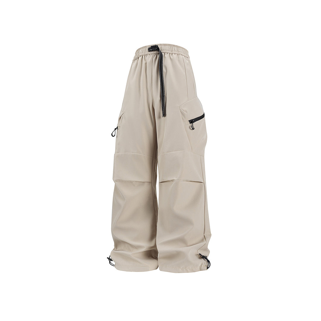 Damen Weite Utility-Cargo-Hose mit Tunnelzugbund, Reißverschluss-Taschen und verstellbaren Beinabschlüssen Mune Fashion