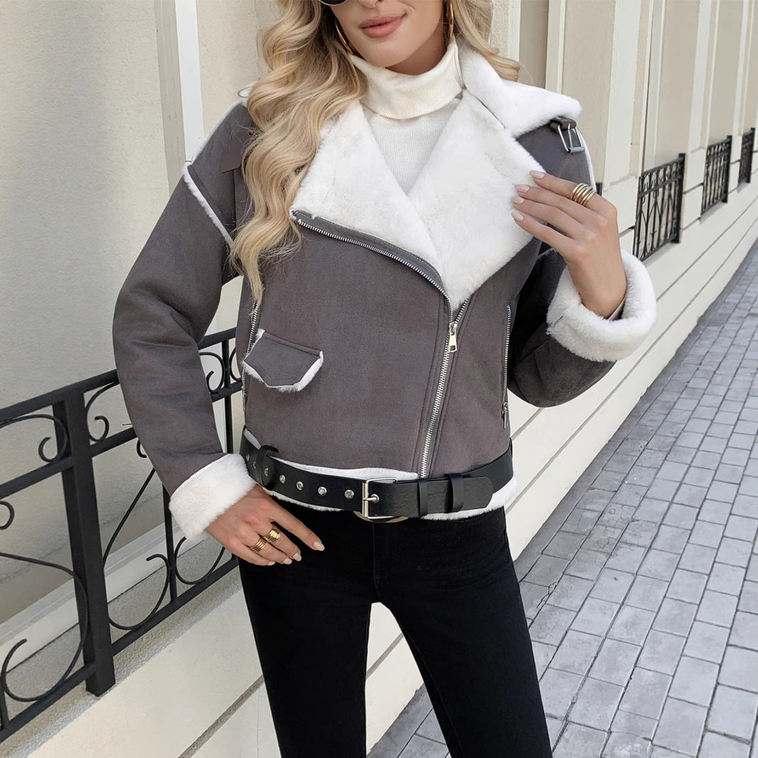 Women's Fashion Faux Leather Jacket with Luxurious Faux Fur Trim