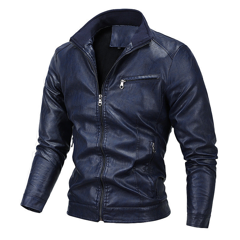Men's Slim-Fit Faux Leather Blouson with Stand Collar and Zipper Pockets Mune Fashion
