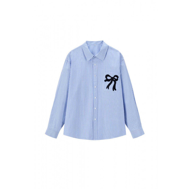 Women Oversize Casual Shirt with fine pinstripe and decorative bow application Mune Fashion