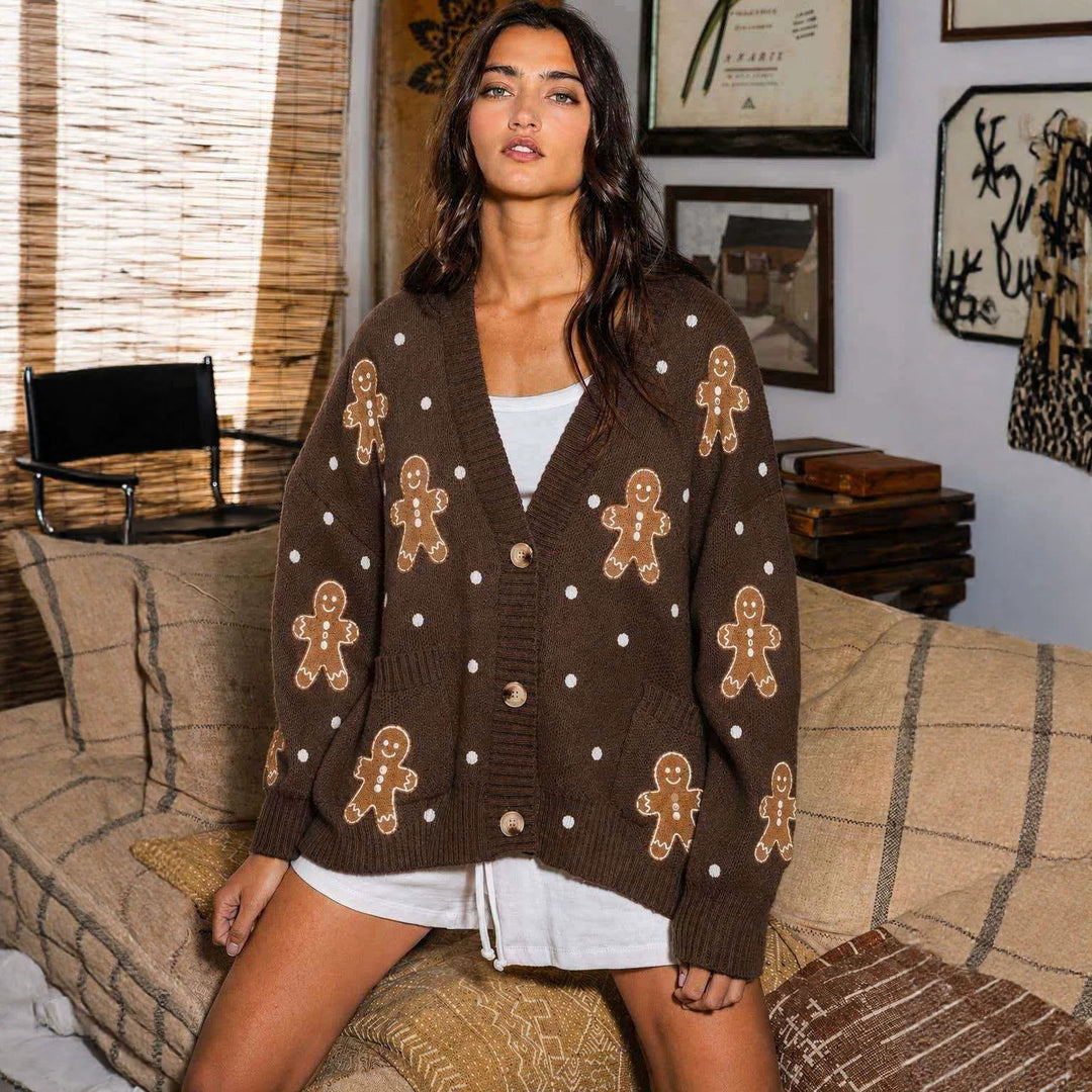 Women nan oversized knitted cardigan with gingerbread embroidery and deep V-neck Mune Fashion