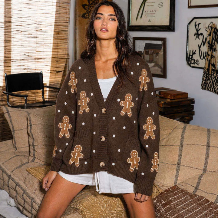 Women nan oversized knitted cardigan with gingerbread embroidery and deep V-neck Mune Fashion