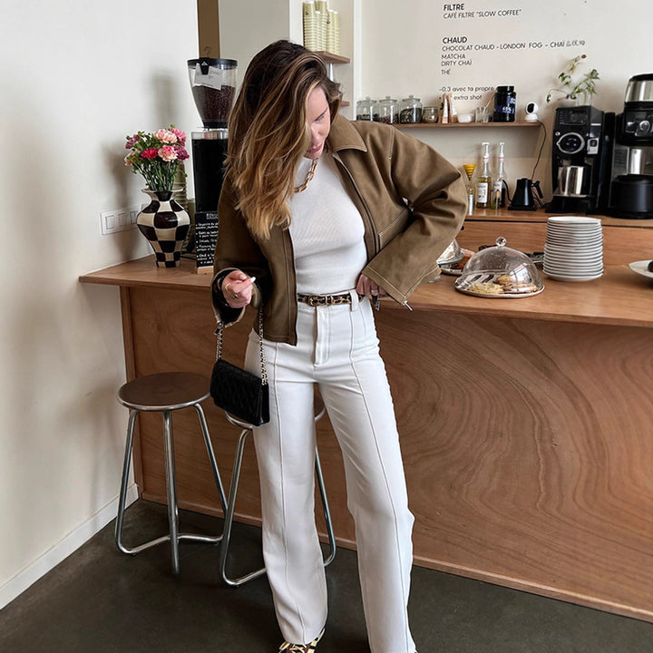 Women's Boxy Velvet Leather Blouson with Contrast Seams and Front Zipper Mune Fashion