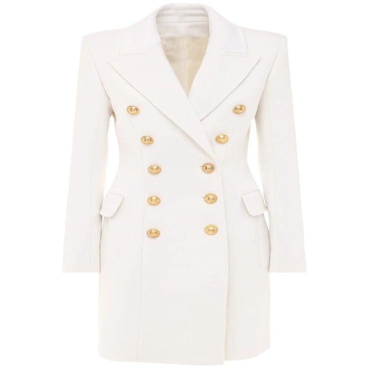 Women Narrow Cut Double-Breasted Wool Blend Long Coat with Distinctive Shoulder and Golden Decorative Round Buttons Mune Fashion
