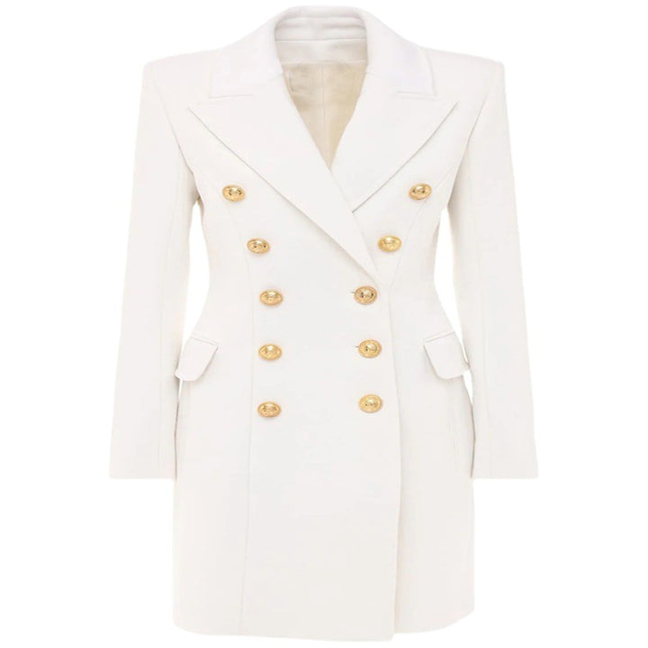 Women Narrow Cut Double-Breasted Wool Blend Long Coat with Distinctive Shoulder and Golden Decorative Round Buttons Mune Fashion