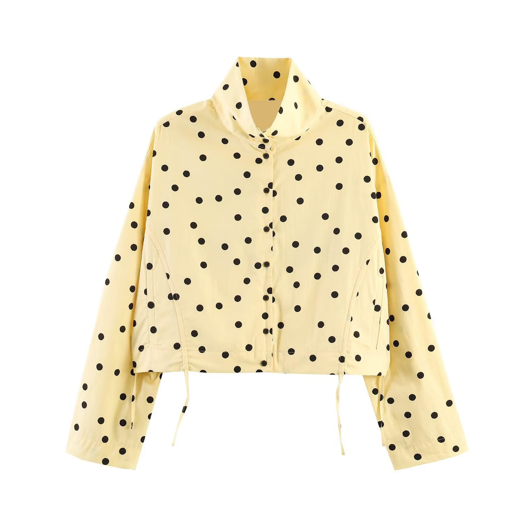 Women's Polka Dot Cropped Utility Jacket with Stand Collar and Drawstring Mune Fashion