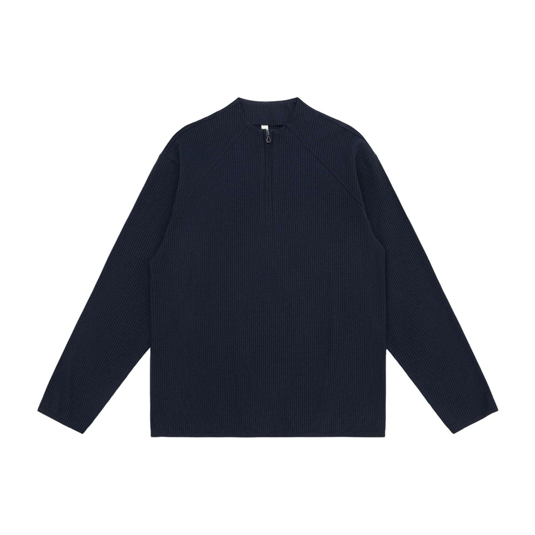 Unisex Waffle Structure Half-Zip Pullover with Short Zipper and Boxy Silhouette Mune Fashion