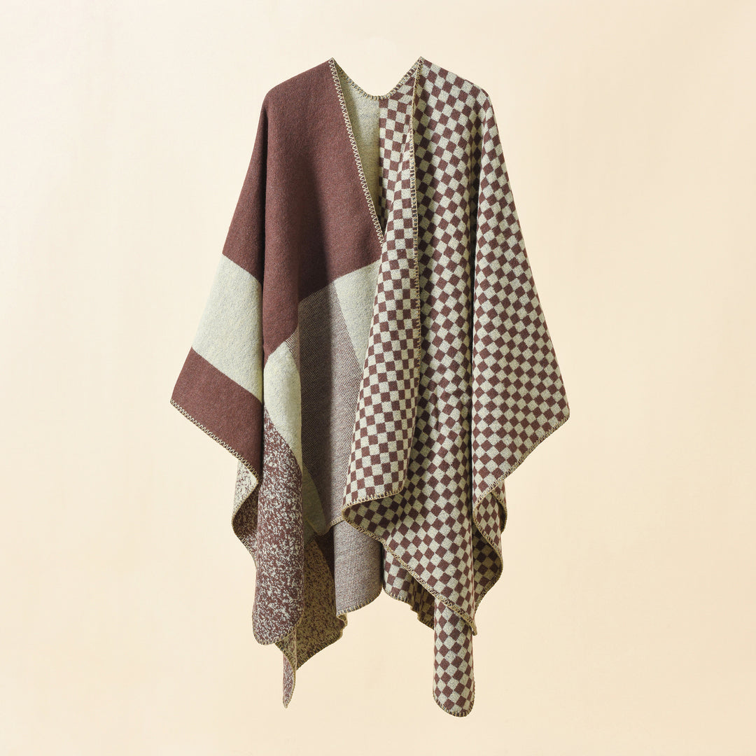 Women's Reversible Checked Pattern Cape Poncho made of Wool Blend with Boxy Oversized Fit Mune Fashion