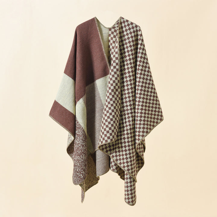 Women's Reversible Checked Pattern Cape Poncho made of Wool Blend with Boxy Oversized Fit Mune Fashion