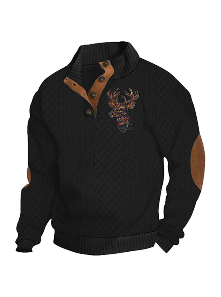 Men's nan Heritage textured pullover with stand-up collar faux leather trim elbow patches and half-button placket Mune Fashion