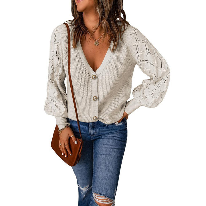 Women's knitted cardigan with V-neck, decorative button placket and balloon sleeves Mune Fashion