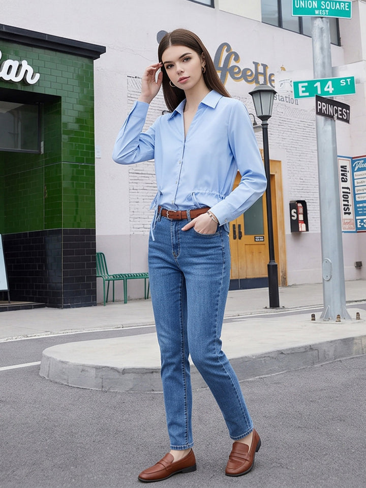 Women Lightweight Blouse with Drawstring Waist and Classic Shirt Collar Mune Fashion