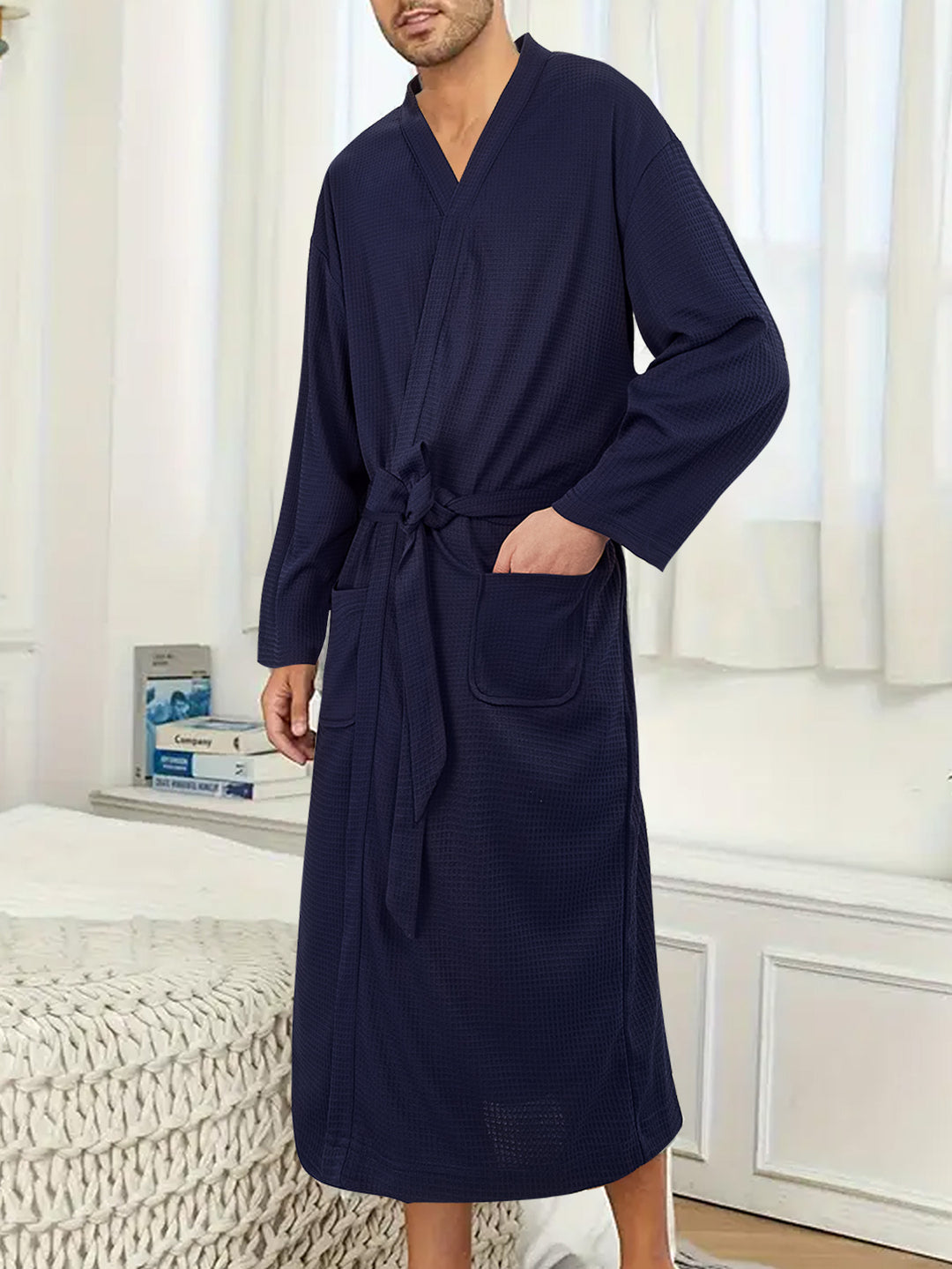 Men's lightweight cotton kimono bathrobe with waffle texture and patch pockets Mune Fashion