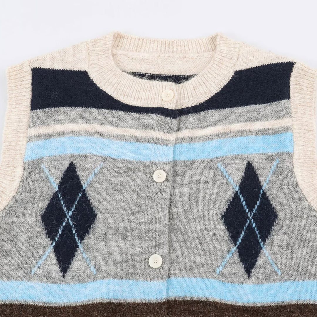 Ladies Sleeveless Argyle Knitted Vest with Continuous Button Placket and Ribbed Hem Mune Fashion