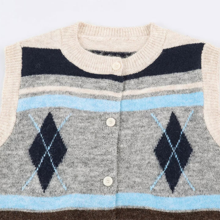 Ladies Sleeveless Argyle Knitted Vest with Continuous Button Placket and Ribbed Hem Mune Fashion