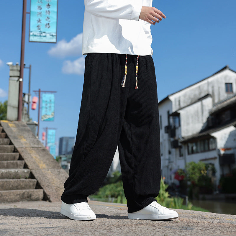 Men's loose-fitting corduroy relax pants with elastic waistband and decorative cord Mune Fashion