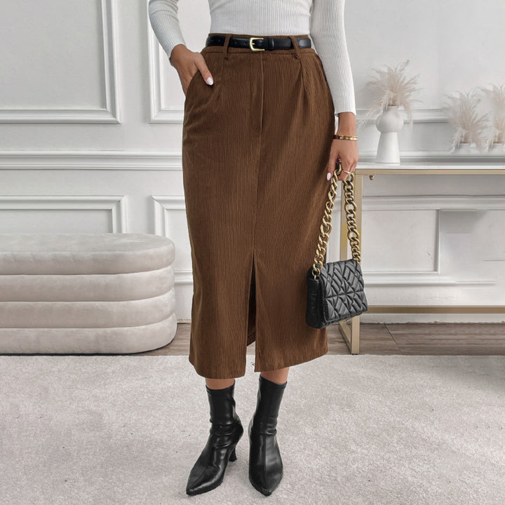 Women's Cord Midi Skirt with High Waist, Side Pockets, and Center Slit Mune Fashion