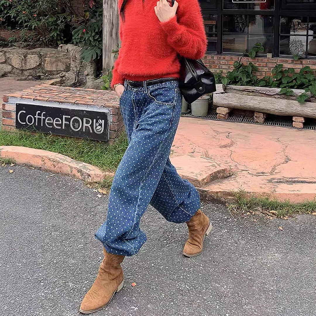 Women's high-waisted wide denim pants with continuous dot pattern and classic pocket design Mune Fashion