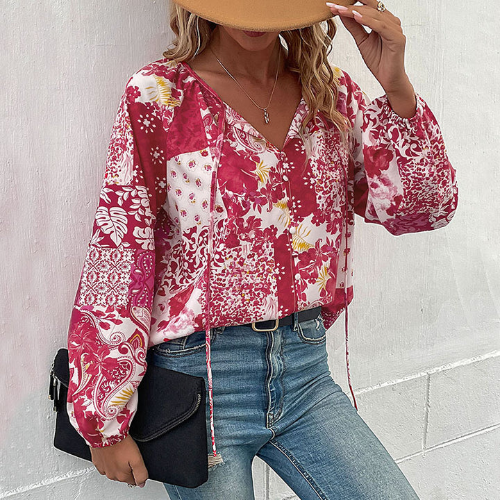 Ladies Patchwork Blouse with V-neck, BindMune Fashion and Balloon Sleeves Mune Fashion