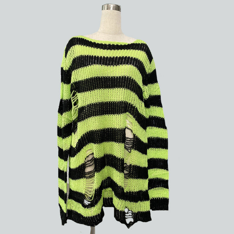 Women's oversized chunky knit sweater with wide block stripes and distressed design Mune Fashion