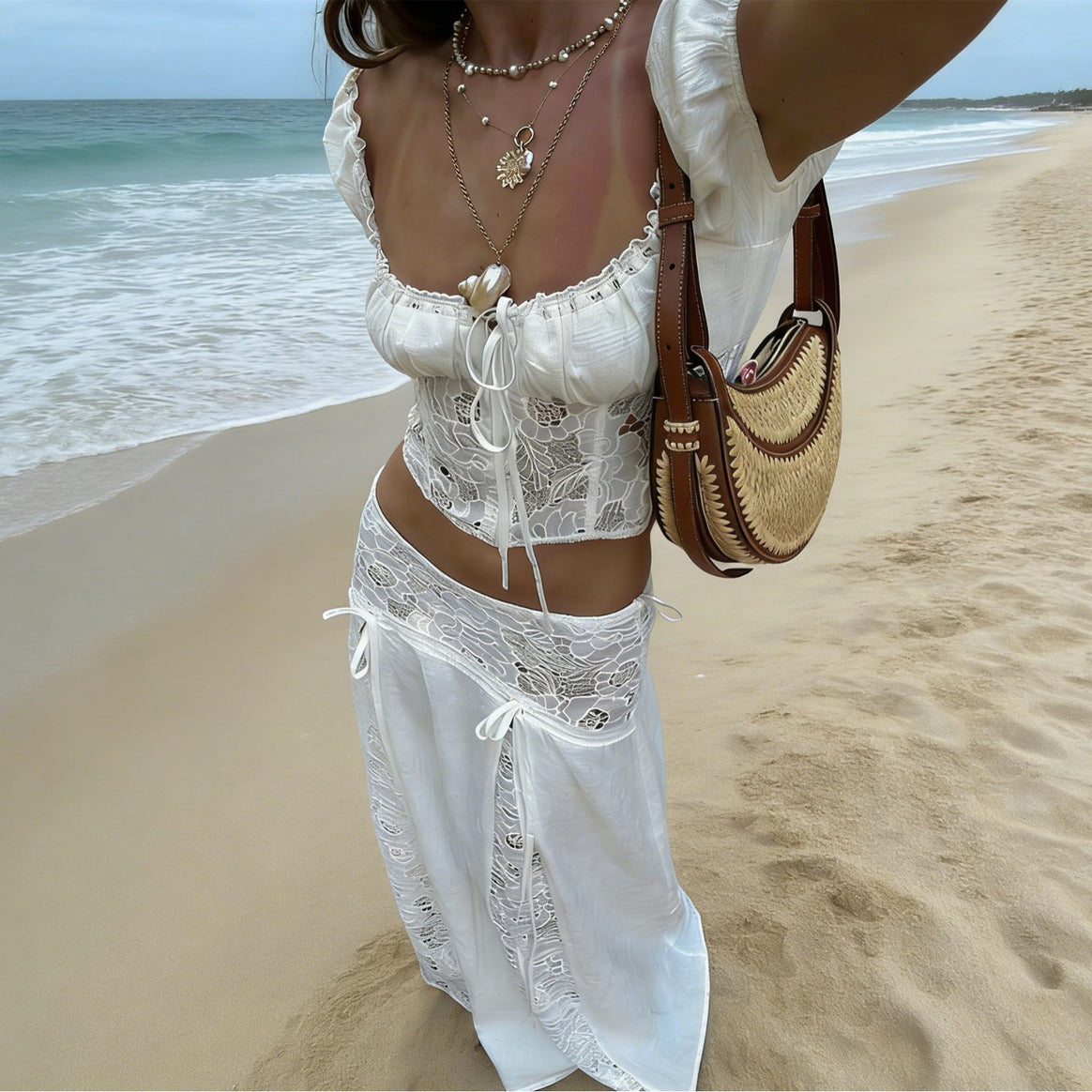Women Lace Crop Top with Puff Sleeves Mune Fashion