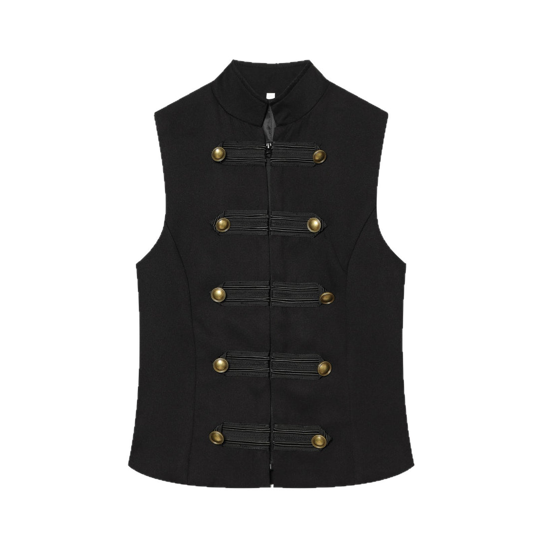 Women's Fitted Military Vest with Stand-Up Collar and Decorative Straps Mune Fashion