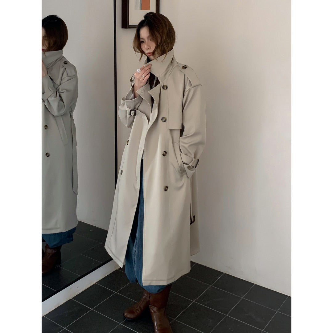 Women Long Trench Coat with High Collar, Double Storm Flap and Adjustable Cuffs Mune Fashion