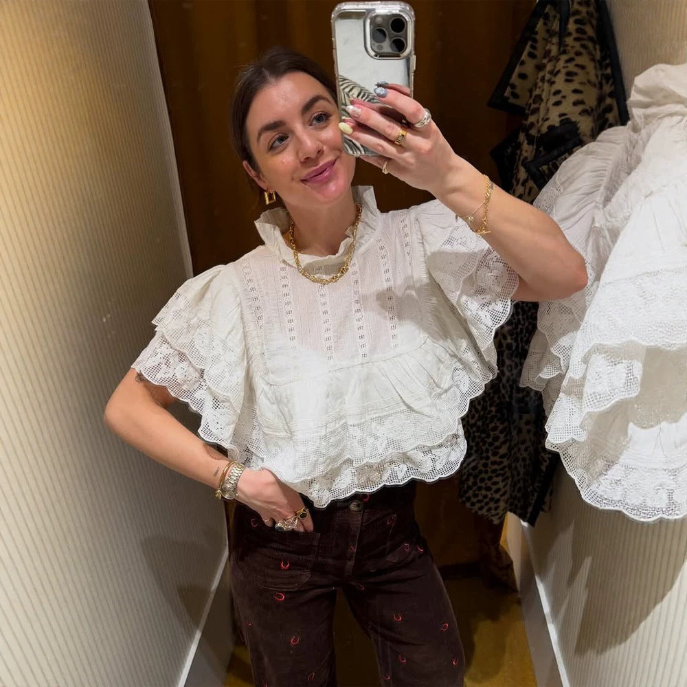 Women's lace blouse in cropped ruffle style with standing collar and layered ruffles